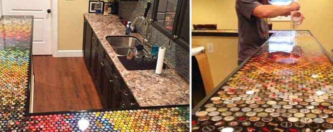 A man made an unusual kitchen table top from lids he collected for 5 years