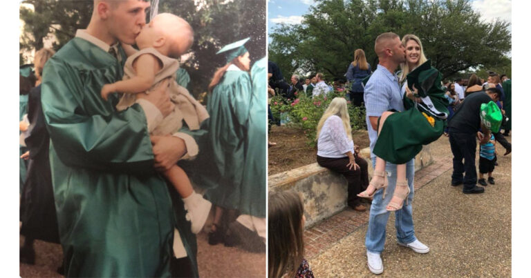 Dad & daughter recreate high school grad photo 18 years later – people look closer and spot one detail they can’t let go