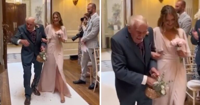 At 95, grandfather of bride fulfills promise to be “Flower Grandad” at her wedding after surviving surgery