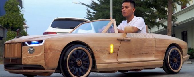 A dad made a car from wood for his little boy for about two months