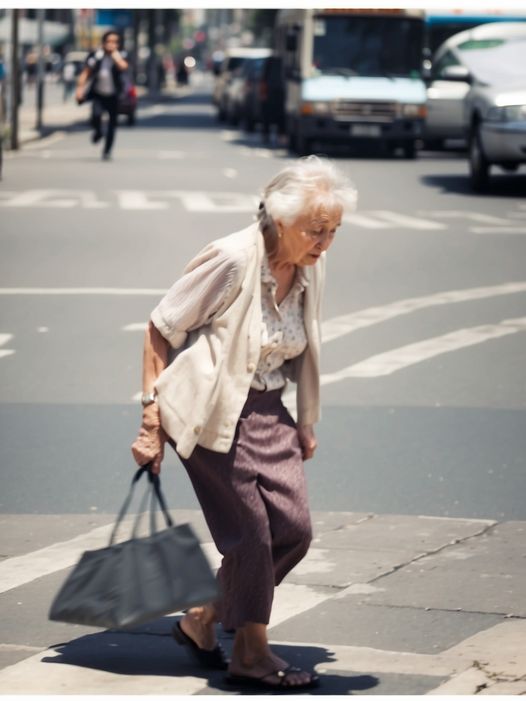 The old woman tries to cross the road, but they don’t want to give way to her.