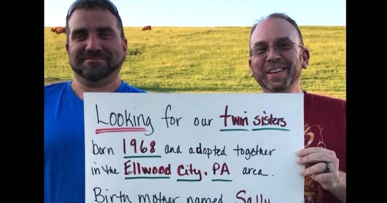 Reunited brothers create sign to find twin sisters and are amazed when it works