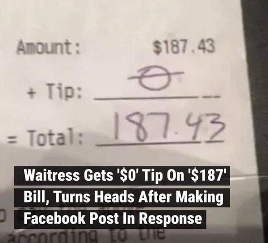 Waitress gets ‘$0’ tip on ‘$187’ bill, turns heads after making Facebook post in response.