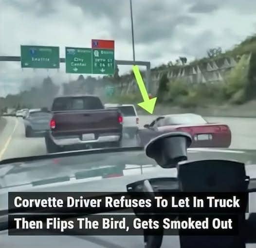 Corvette Driver Refuses To Let In Truck Then Flips The Bird, Gets Smoked Out