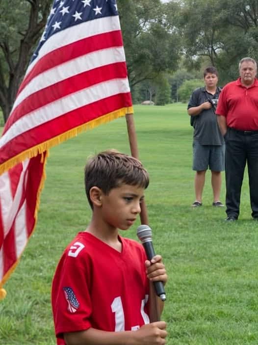 A 10-year-old boy took the stage to sing the national anthem, captivating the audience with his remarkable talent and emotional depth