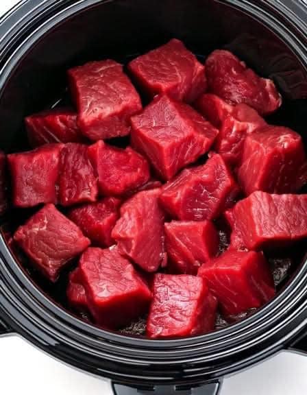 Put raw cubed beef in a slow cooker with these 3 ingredients. You won’t believe how good it tastes.. Full recipe